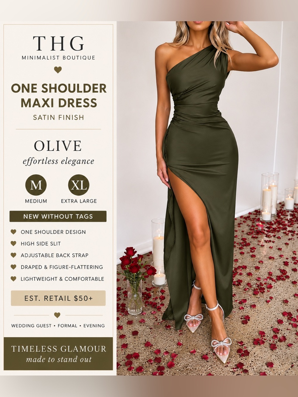 Olive Green One Shoulder Satin Maxi Dress High Slit Formal Evening XL M